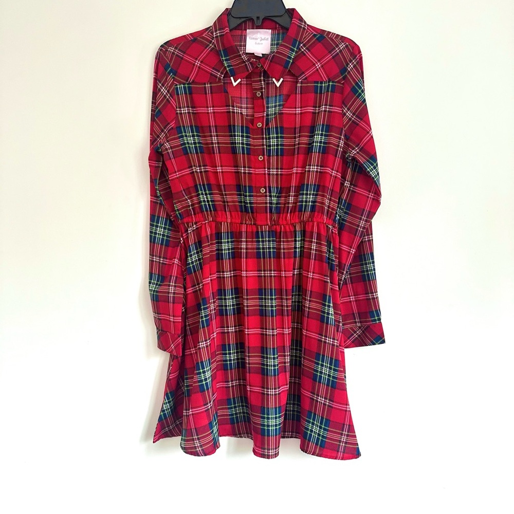 LIKE NEW Romeo & Juliet Couture Red Green Plaid Long Sleeve Dress, Size M